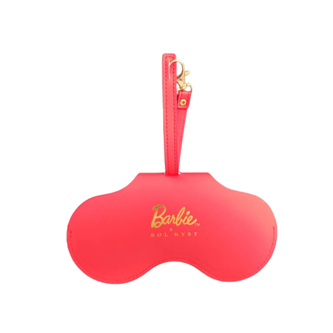 Red Barbie x Sol Kyst sunglasses case - front view.