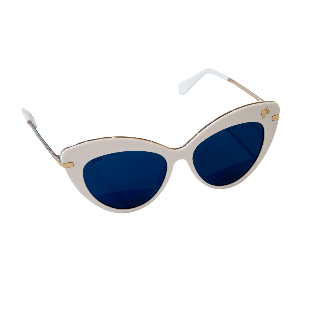 Barbie women's cat eye sunglasses with blue lenses, white frame and gold accents.