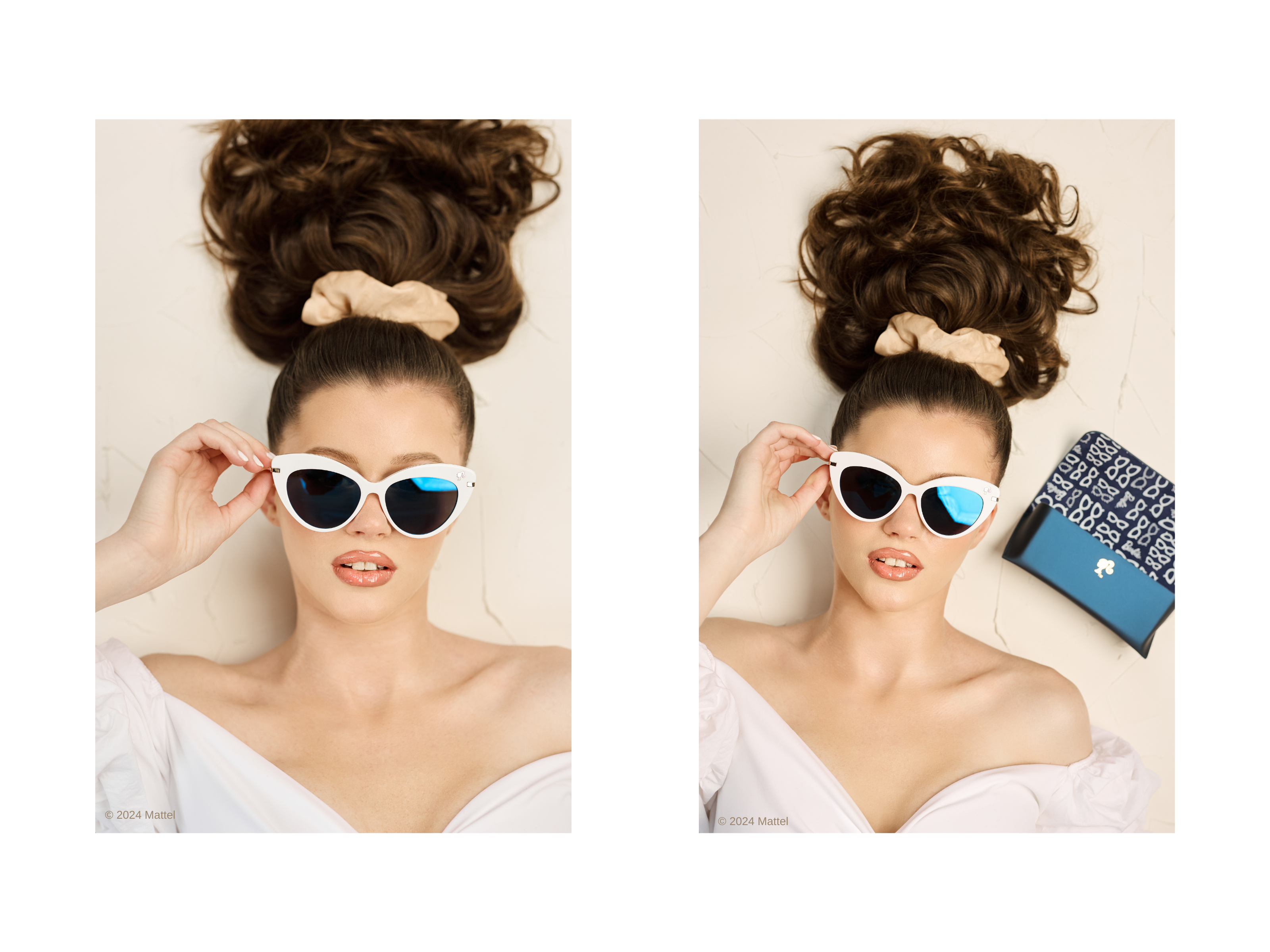 Model wearing women's Barbie cat eye sunglasses with blue tinted lenses and a white frame.