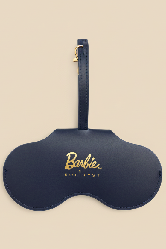 Blue Barbie x Sol Kyst sunglasses case - front view.