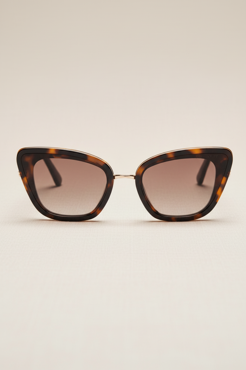 Tortoise cat eye sunglasses with polarized brown lenses and a gold nose bridge, highlighting their unique angular design.
