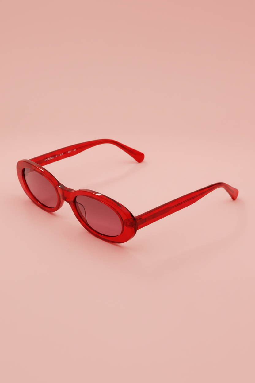 Red sunglasses on a pink background