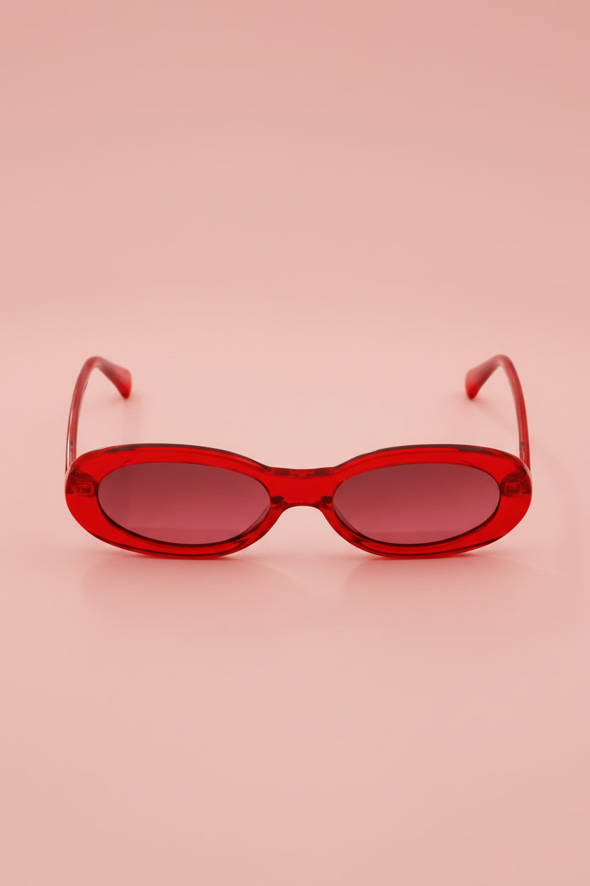 Barbie women's oval sunglasses with red frames and pink-tinted lenses - front view.