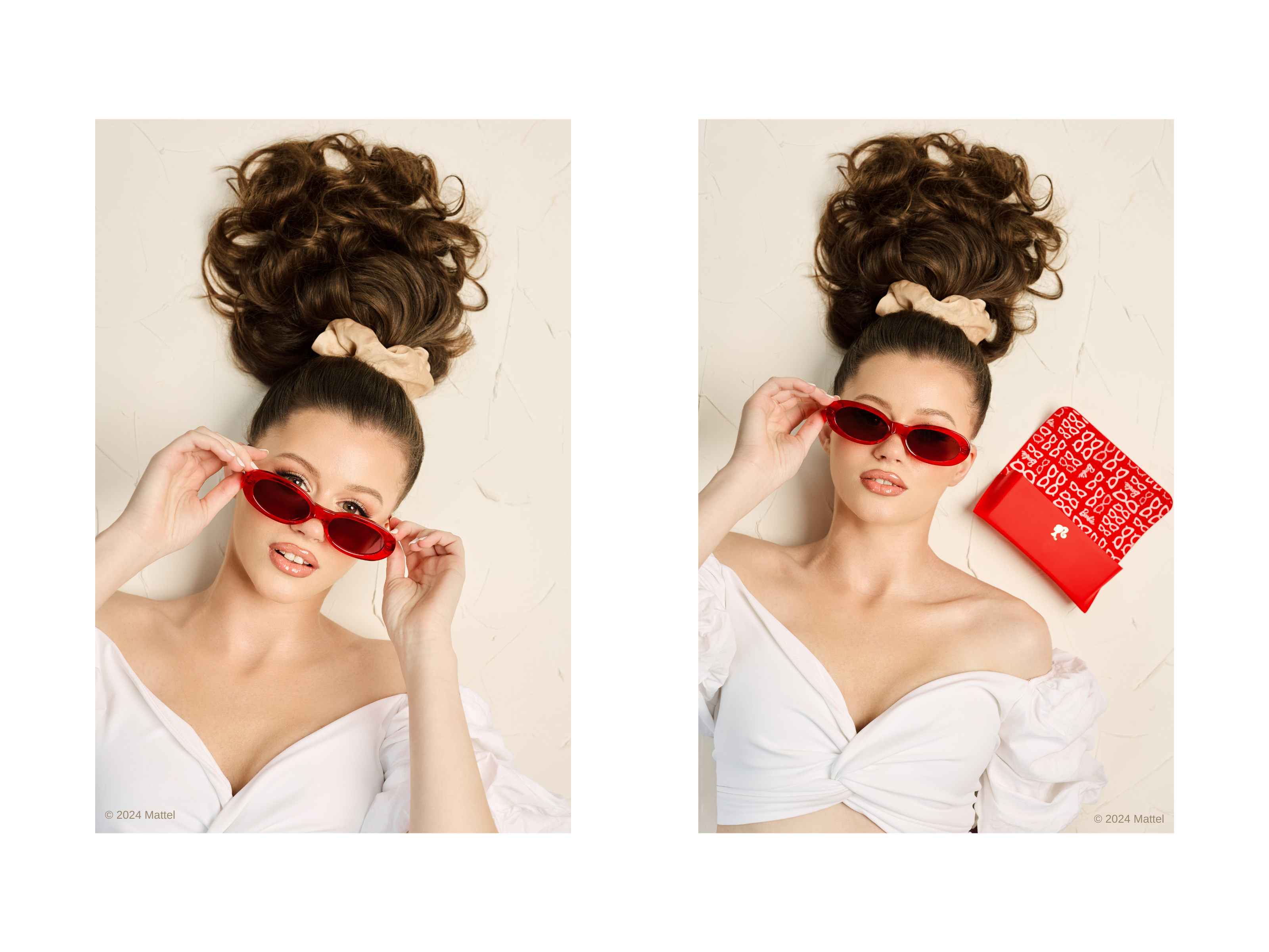 Model wearing Barbie red oval sunglasses, styled with a white top and a red patterned case nearby.