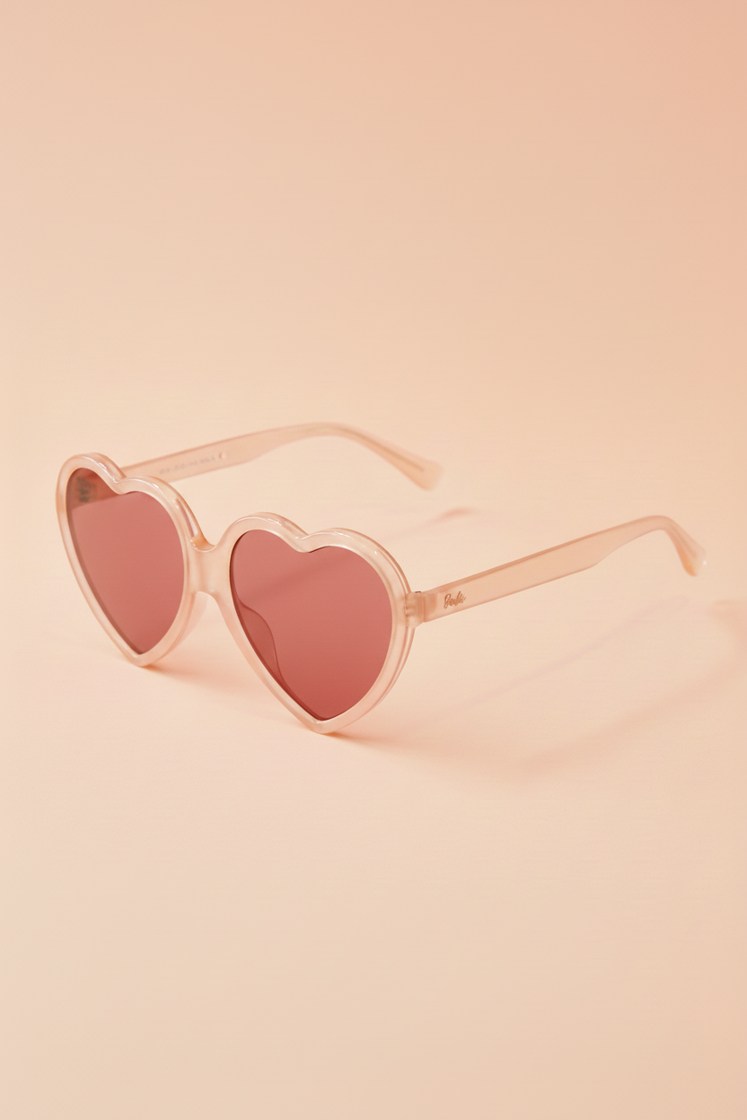 Heart-shaped sunglasses with no lenses on a light pink background