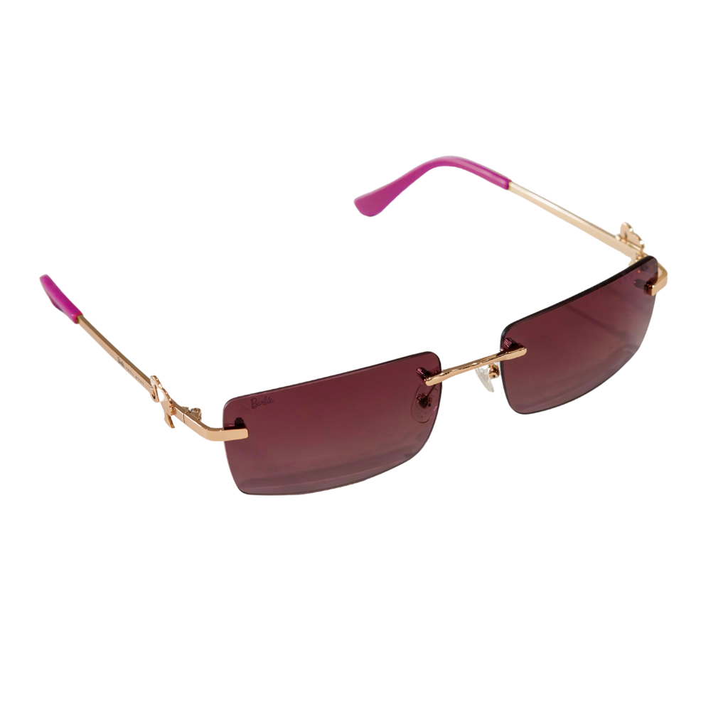 Barbie women's rimless sunglasses with pink tinted lenses and gold frame.