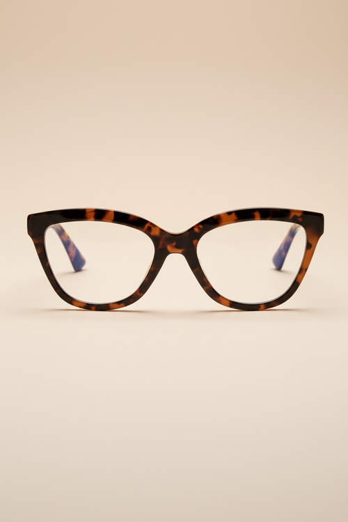 Women's blue light glasses with clear lenses and a tort frame - front view.