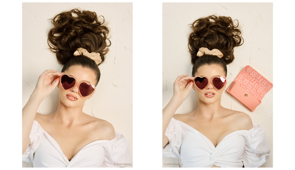 Woman wearing Barbie x Sol Kyst heart-shaped sunglasses with peach-pink lenses and a matching pink case.