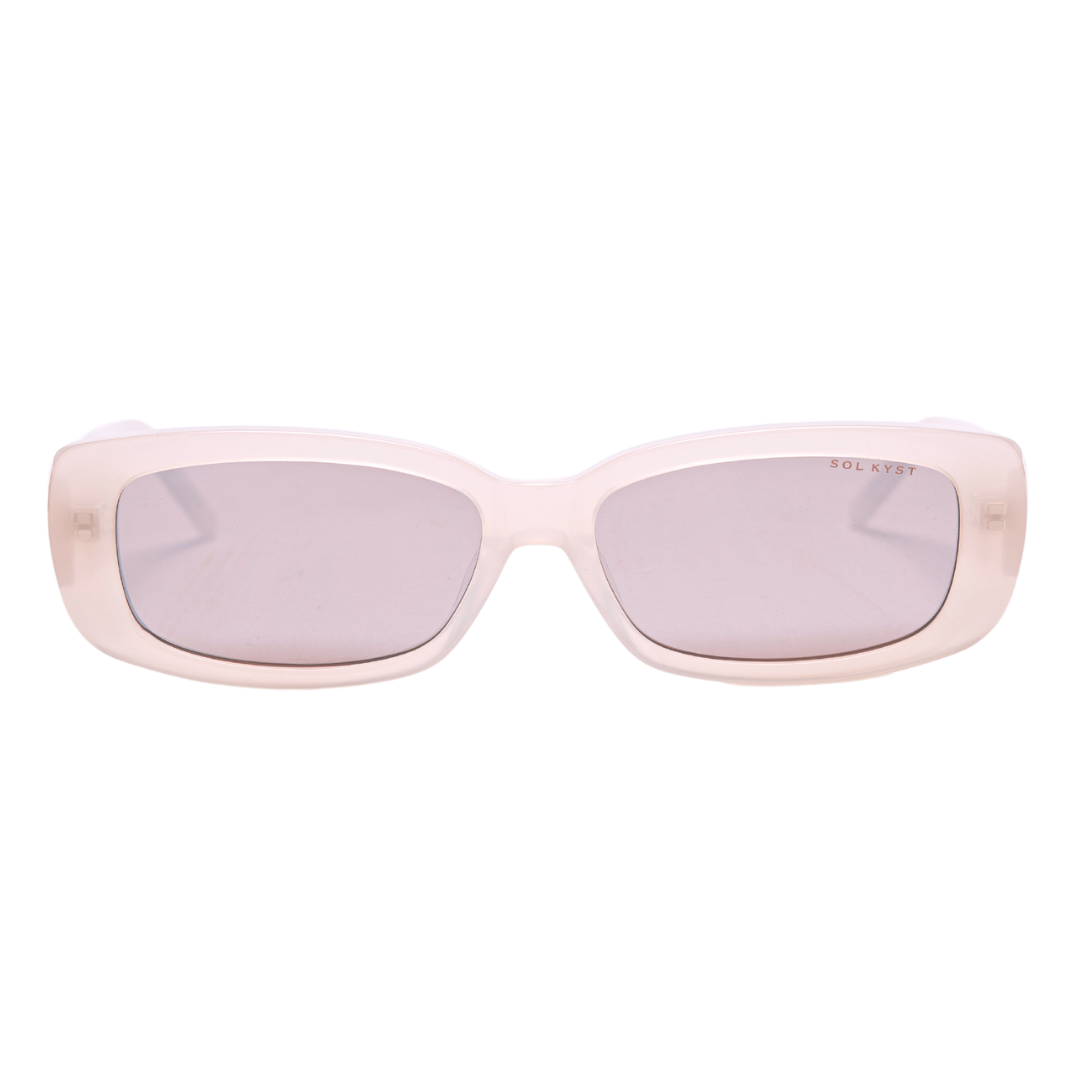 Sol Kyst womnen's rectangle sunglasses with pink frames and pink tinted lenses - front view.