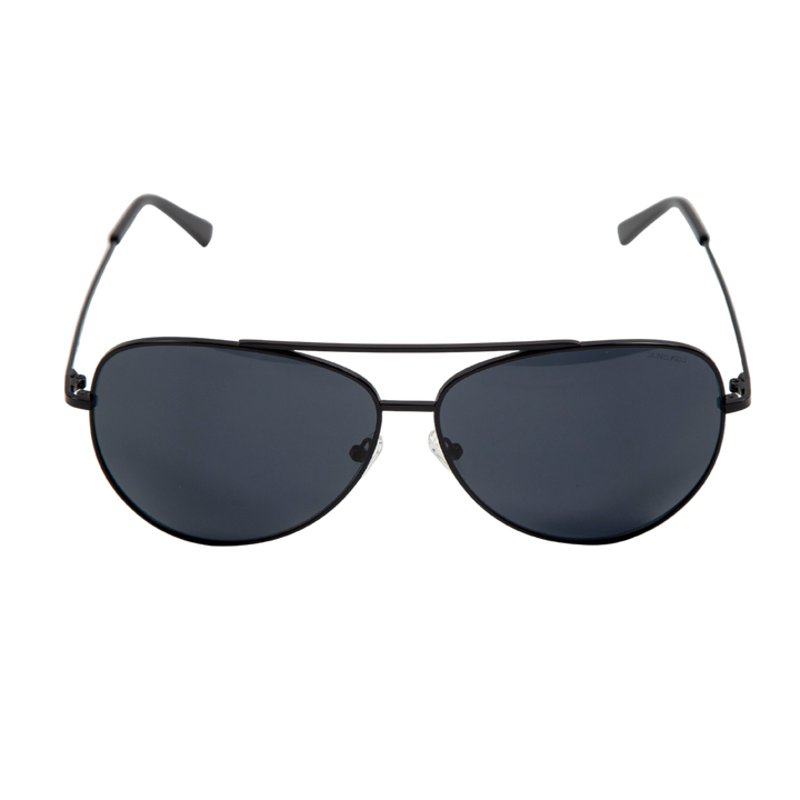 Sol Kyst women's aviators with black frames and dark blue tinted lenses - front view.