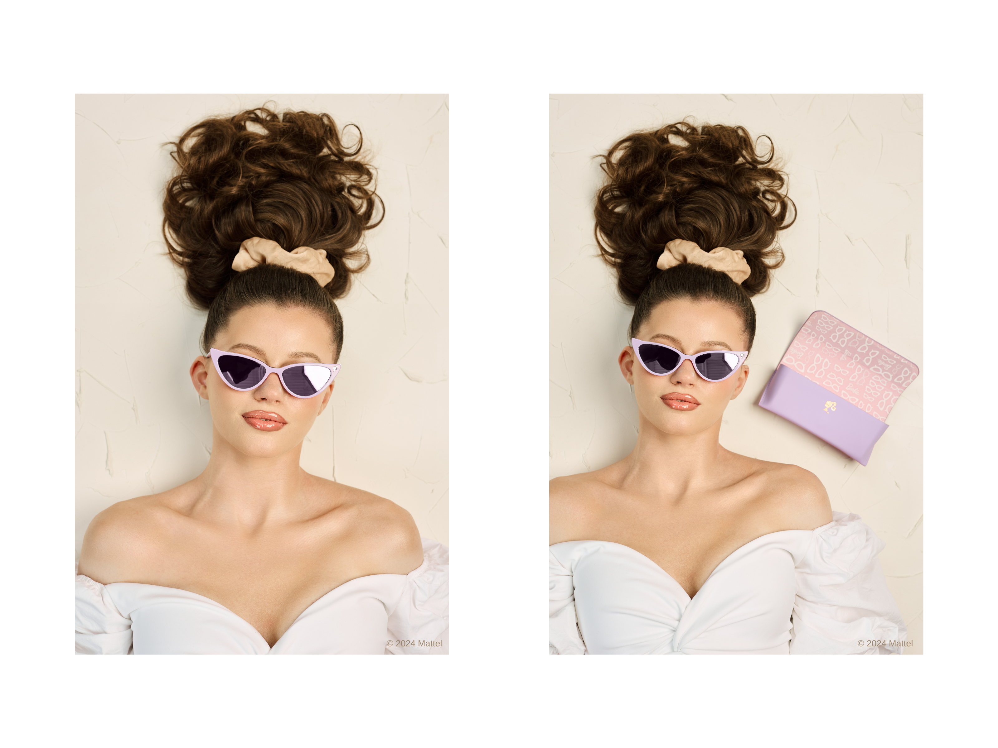 Model wearing purple Barbie cat-eye sunglasses with matching purple case, styled with an elegant updo.
