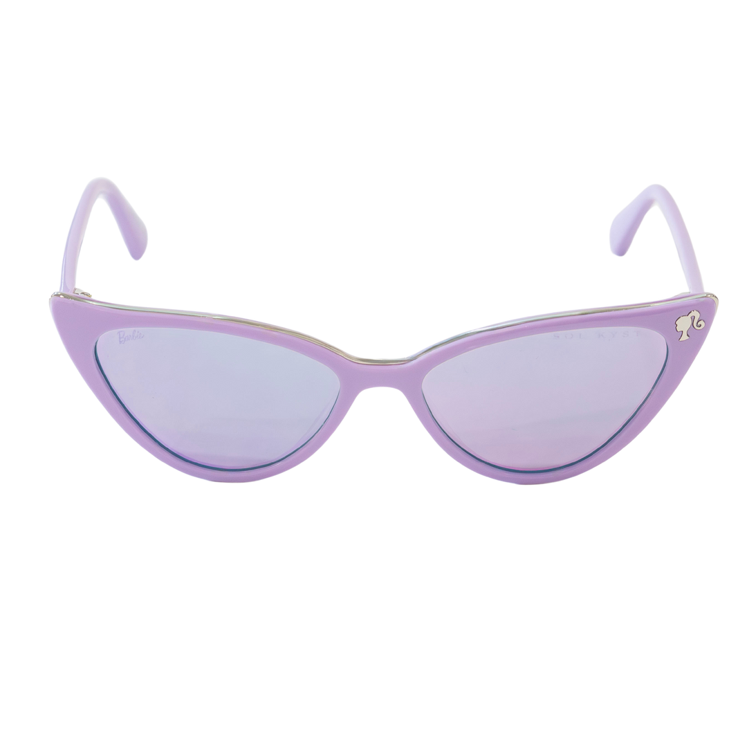 Barbie cat eye sunglasses, with purple tinted lenses and purple frame - front view.