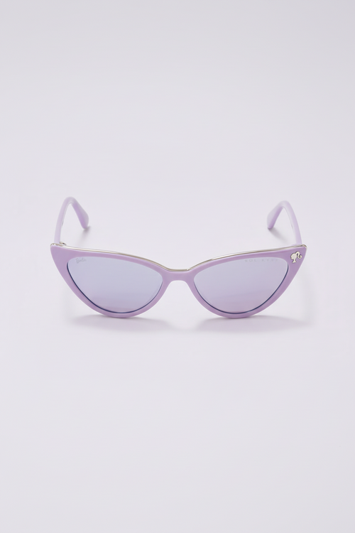 Barbie cat eye sunglasses, with purple tinted lenses and purple frame - front view.