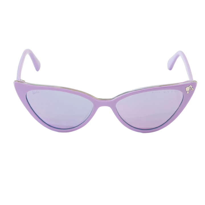 Barbie cat eye sunglasses, with purple tinted lenses and purple frame - front view.