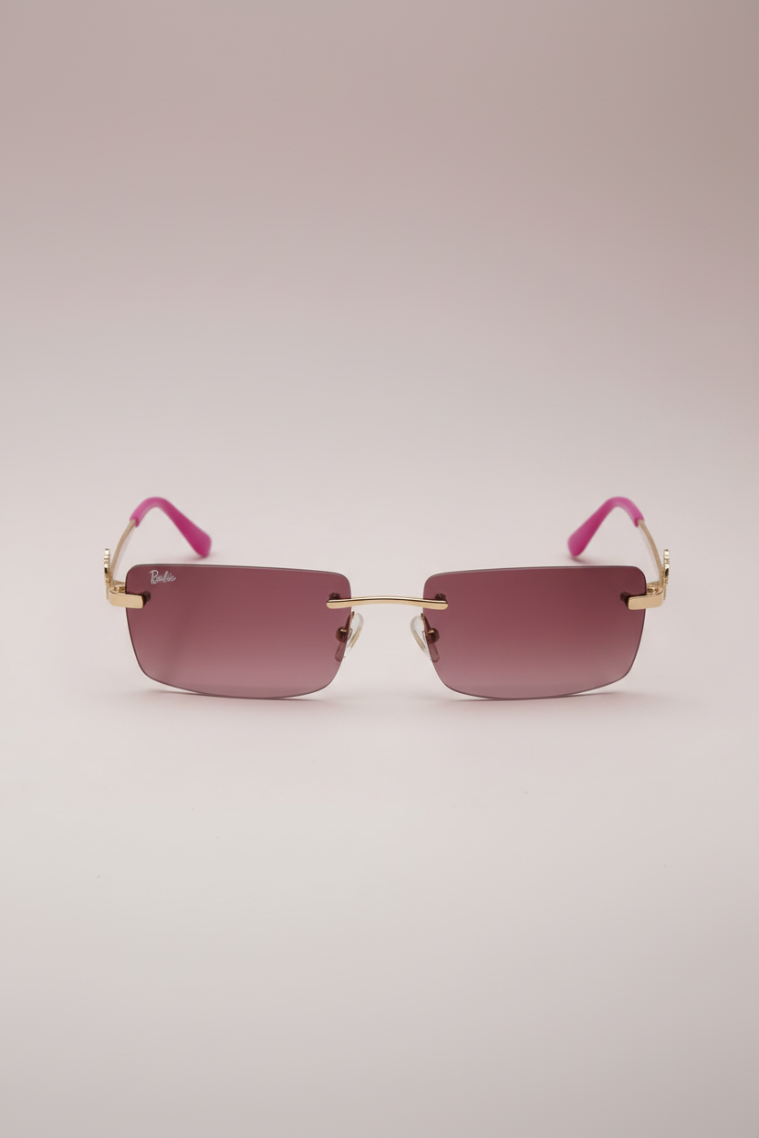Barbie rimless sunglasses with pink tinted lenses, gold accents, and pink ear tips.