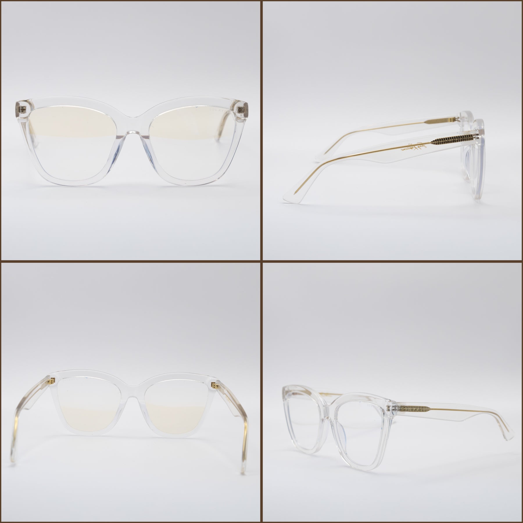 Four angles of Sol Kyst Blue Light glasses with clear acetate frames and orange tinted blue light blocking lenses, displayed on a white background.