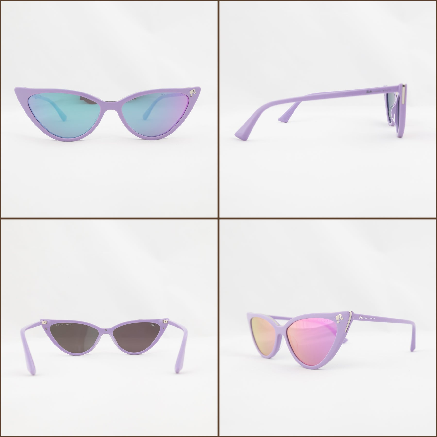 Four angles of Barbie x Sol Kyst lavender cat eye sunglasses, showcasing front, side, back, and lens reflection details.