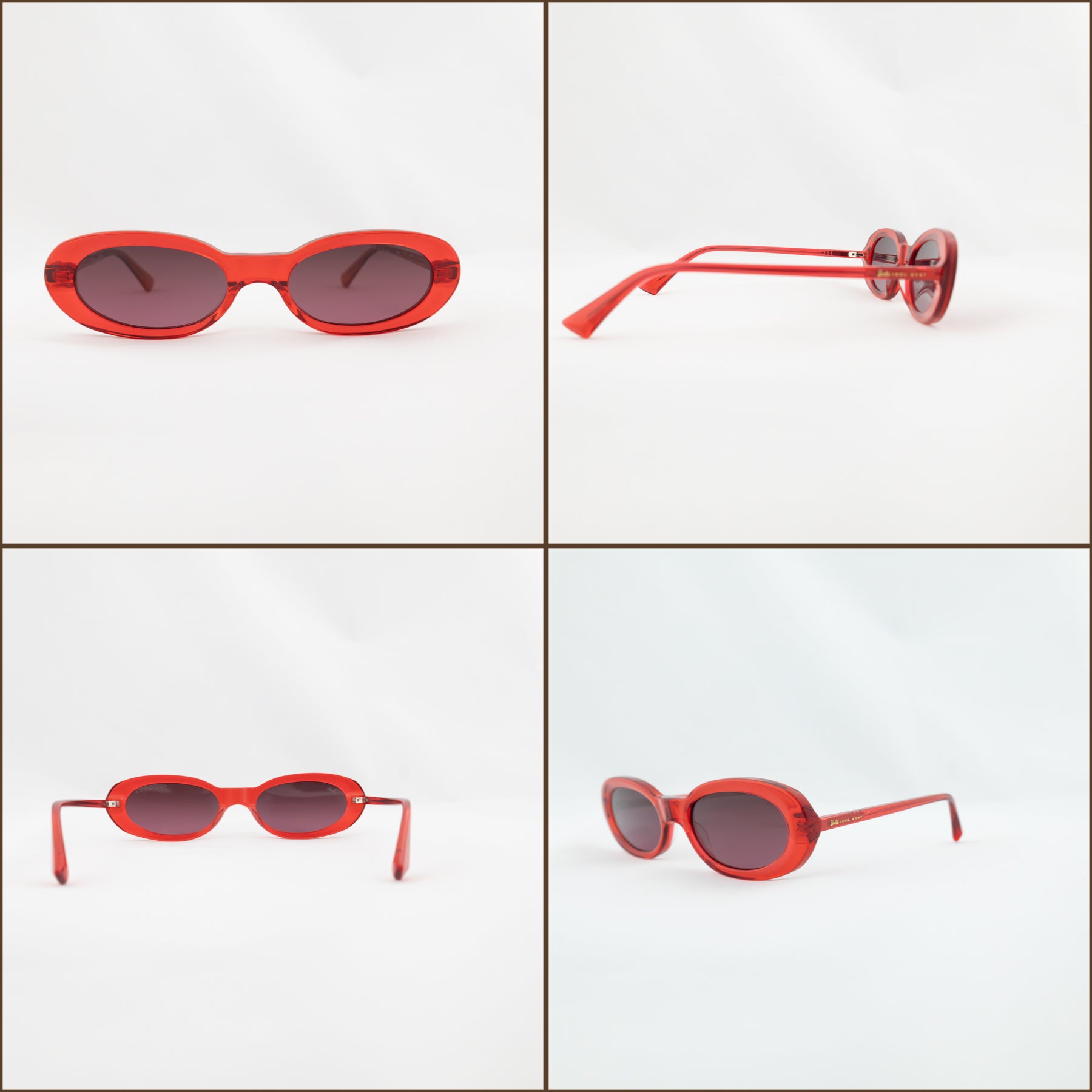 Barbie x Sol Kyst red oval sunglasses shown from front, side, back, and angled views on a white background.