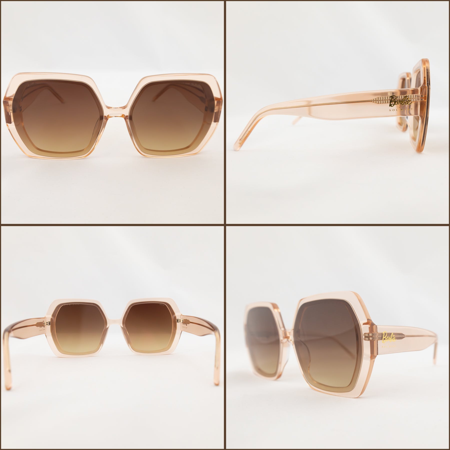 Four views of hexagonal sunglasses with beige translucent frames and gradient brown lenses, displayed against a plain white background.