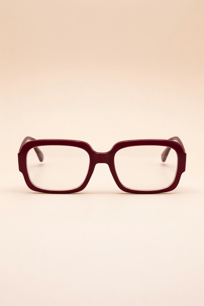 Sunglasses with a maroon frame and reflective lenses on a beige background