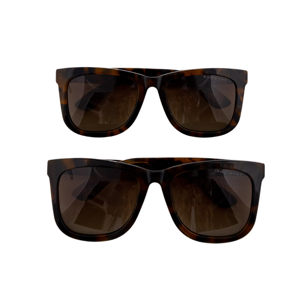Two stacked Sol Kyst women's square sunglasses with tortoise frames and brown tinted lenses.