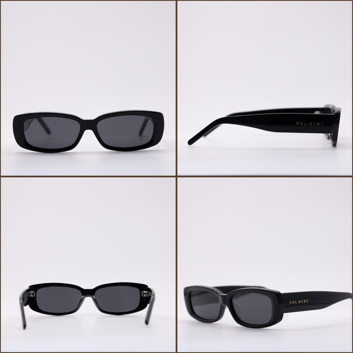 Collage of rectangle Sol Kyst sunglasses showcasing various angles, featuring dark lenses and black frames.