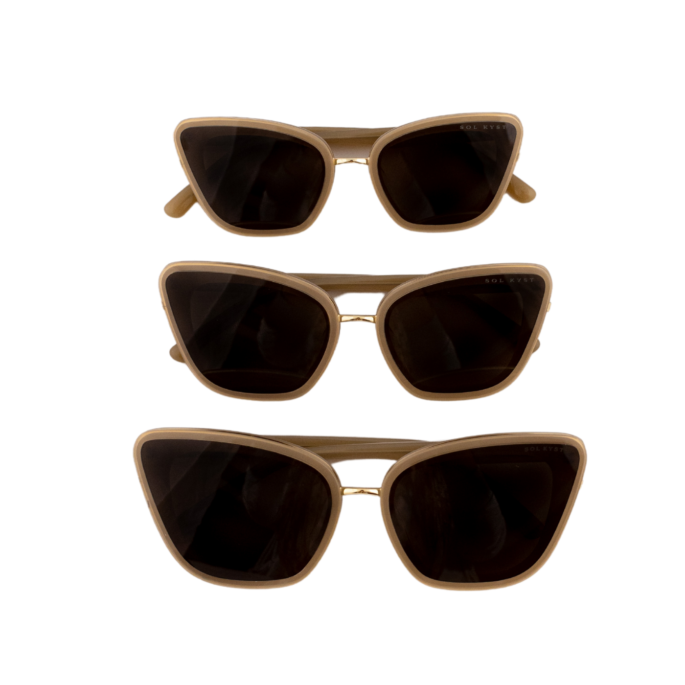 Front view of three Sol Kyst women's cat eye sunglasses, stacked vertically with beige frames and dark lenses.