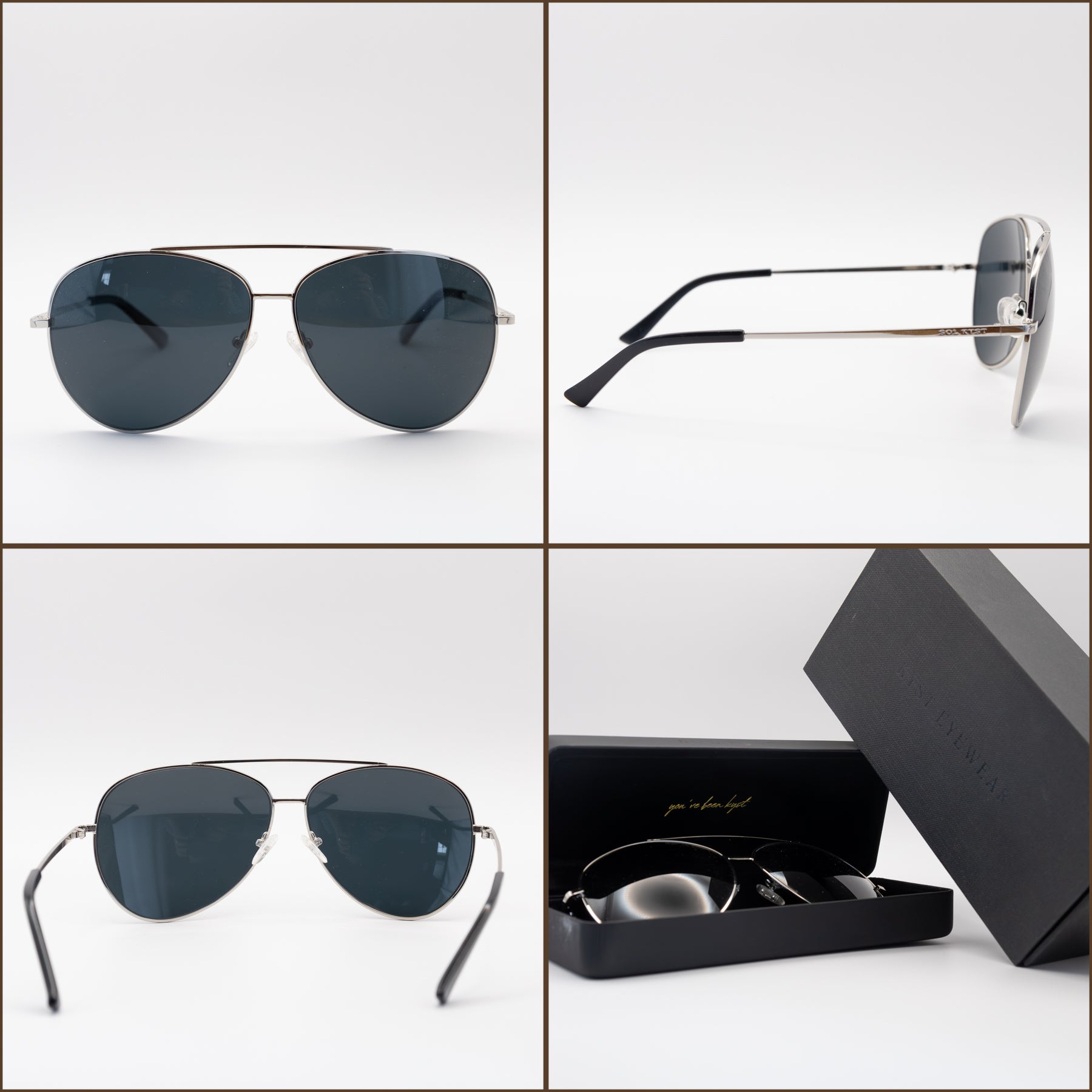 Sol Kyst women's aviator sunglasses shown in four angles, featuring silver frames, dark polarized lenses, and a black presentation box with case.