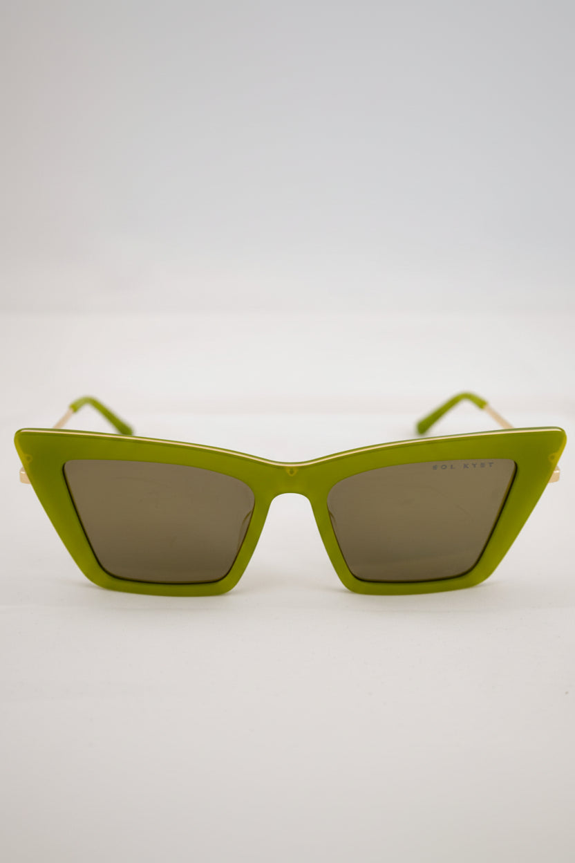 Green sunglasses shown from multiple angles on a light gray background