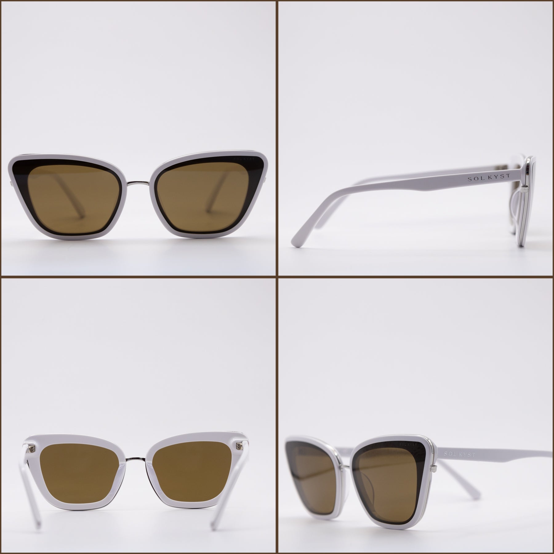 Four angles of Sol Kyst cat eye sunglasses with white frames and brown tinted lenses, showcased on a white background.