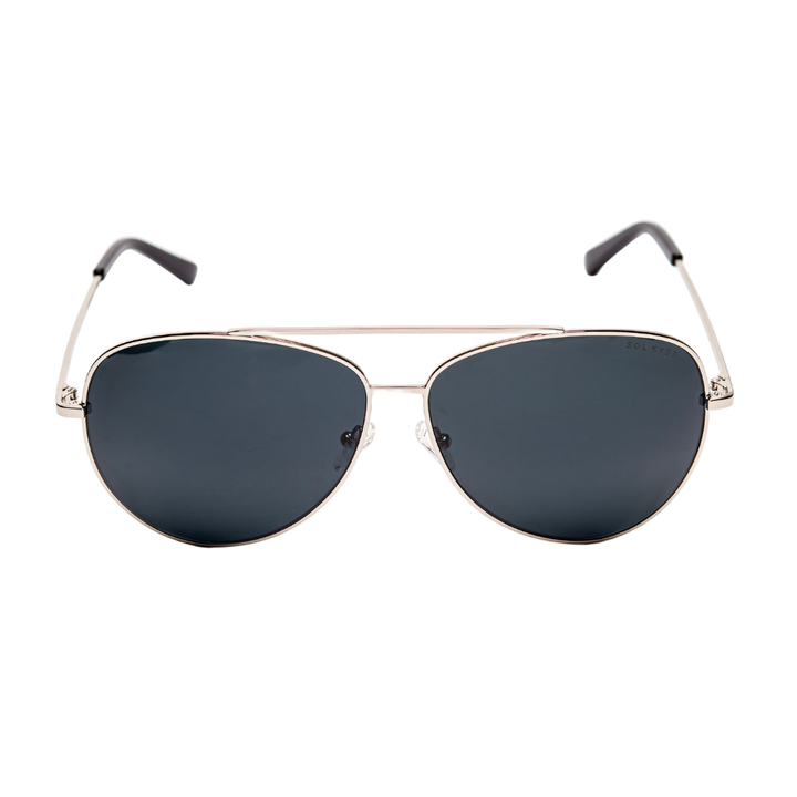 Front view of Sol Kyst women's aviator sunglasses with silver frames and dark polarized lenses - front view.